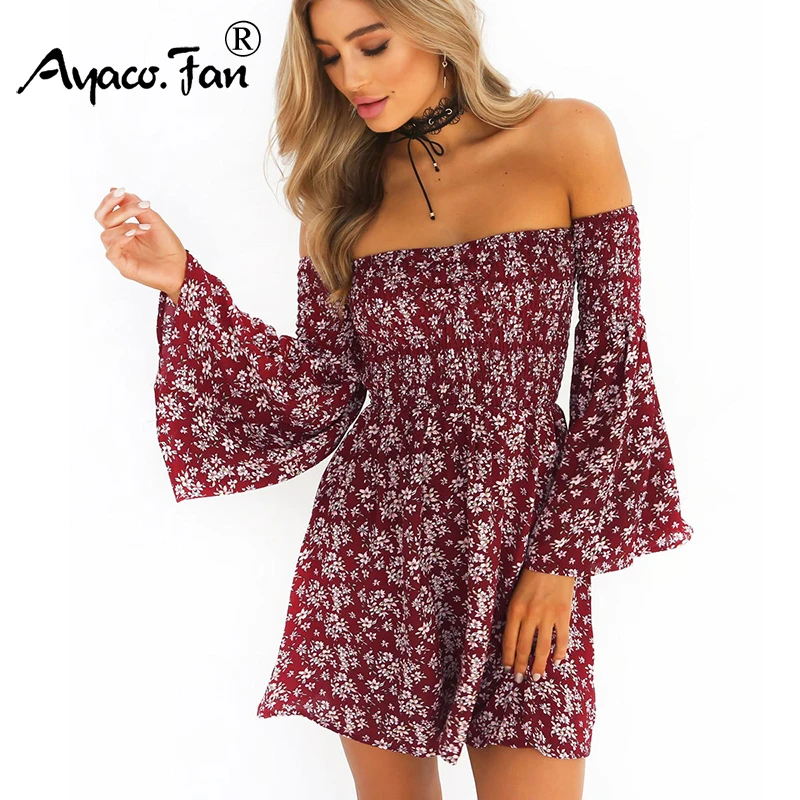 Women Flare Sleeve Dress 2019 Boho Sexy Slash neck Floral Print Chiffon Dress Mini Sundress Off Shoulder Strapless Party Dresses
Women Flare Sleeve Dress 2019 Boho Sexy Slash neck Floral Print Chiffon Dress Mini Sundress Off Shoulder Strapless Party Dresses
