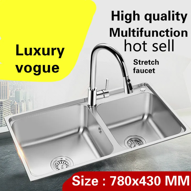 

Free shipping Apartment luxury kitchen double groove sink vogue do the dishes 304 stainless steel hot sell 780x430 MM