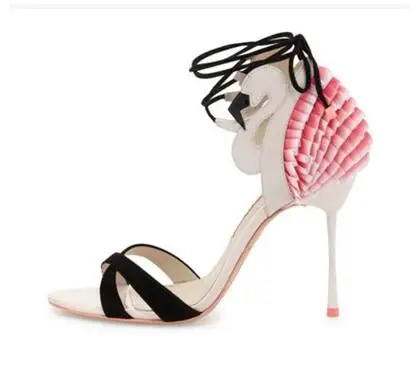 

Newest Designer Flamingo Frill leather Satin and Suede Sandals Cut-out Ankle Lace-up Party Dress shoes woman Big Size 10