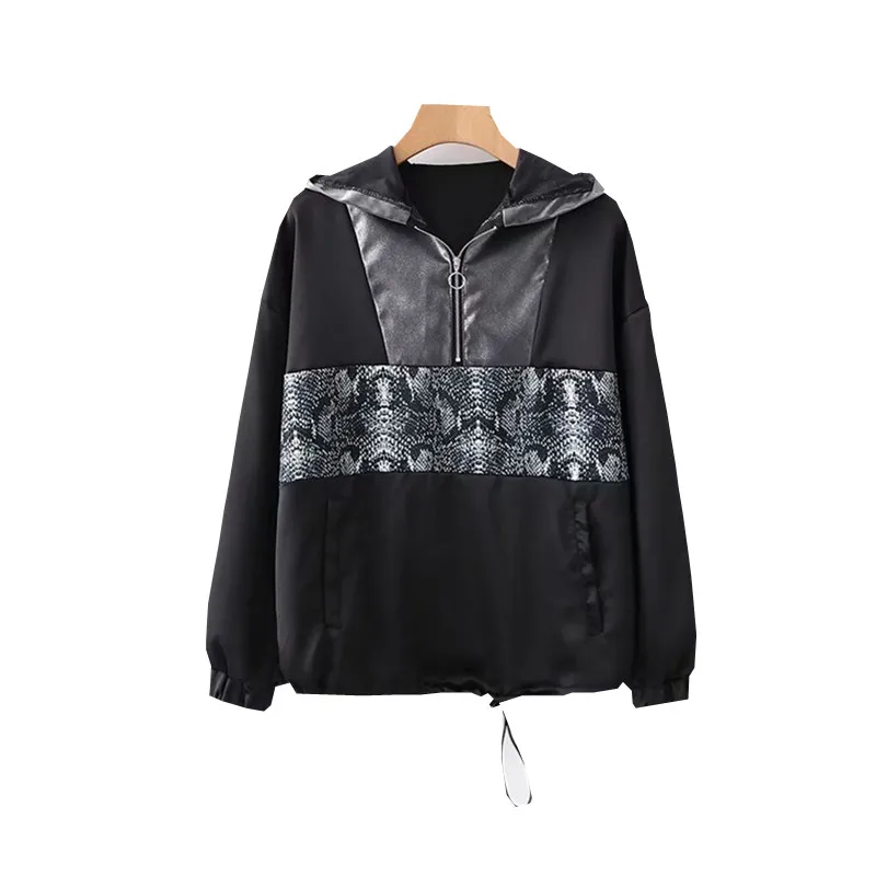 

Women Animal Print Snakeskin Black Satin Hooded Sweatshirts Pullovers Oversized Contrasting Hood Elastic Adjustable Hem Coat