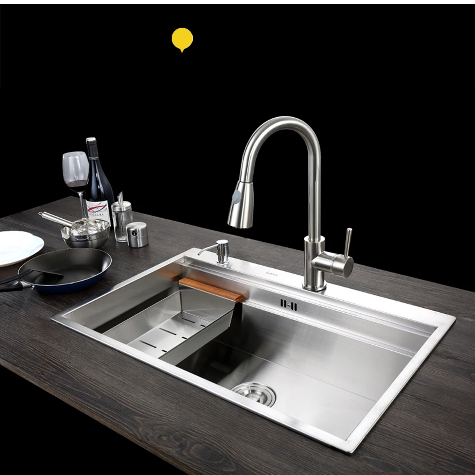 

C&C SUS304 Stainless Steel Kitchen Sink Vessel Set With Faucet Single Sink Kitchen Sink Washing Vanity