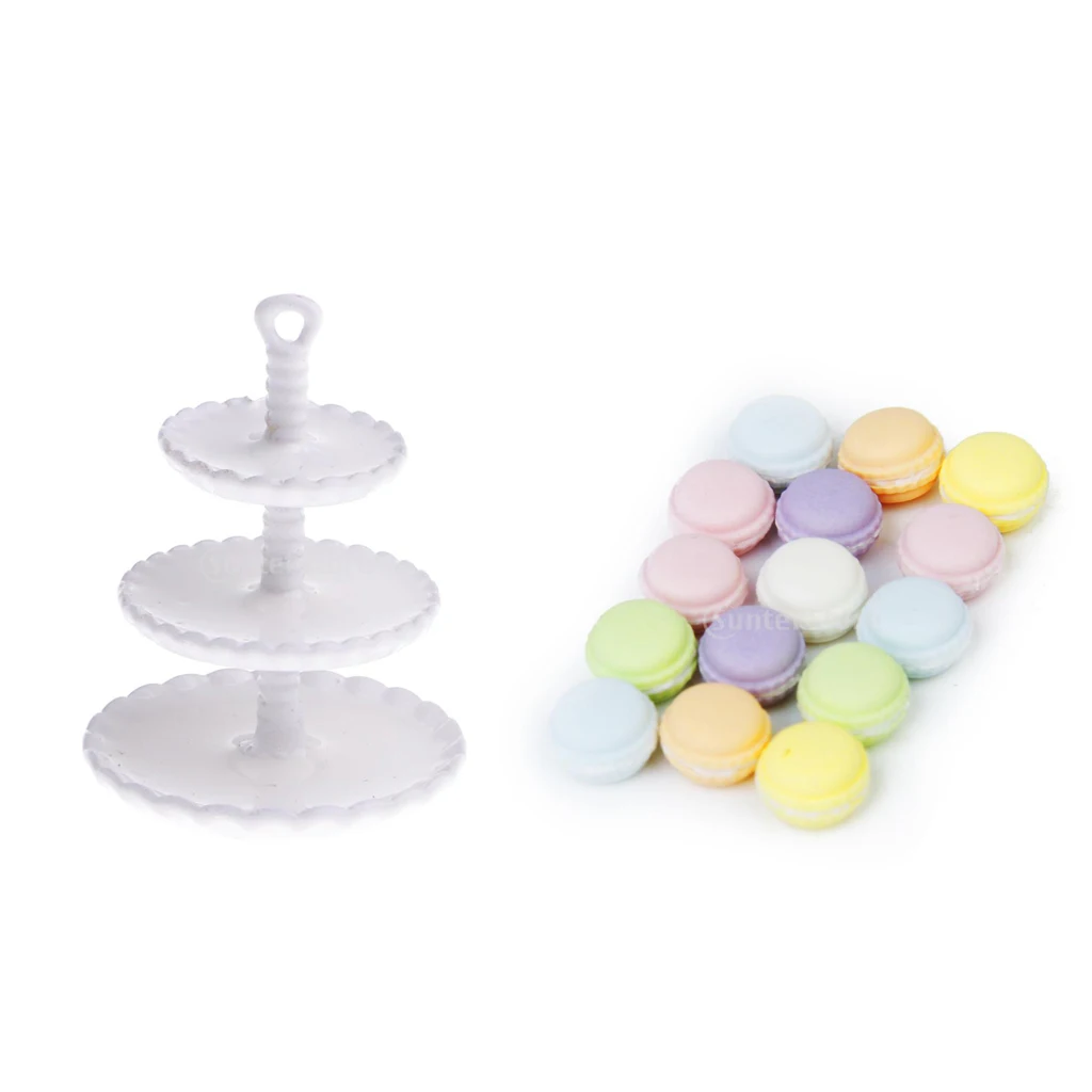 1/12 Dollhouse Miniature 3-layer Metal Snack Rack Stand+15pcs Cream Cakes Restaurant Kitchen Food Cake Bread Model Kids Toys