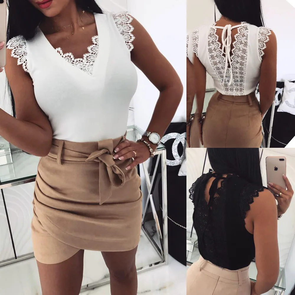 

2019 New Arrivals Sexy Deep V Necek Lace Bandage Sleeveless Patchwork Women Blouse Women Shirt Womens Tops and Blouses