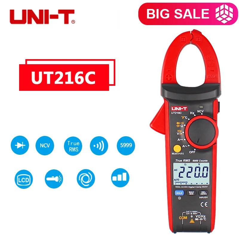 Frequency Capacitance Temperature & NCV Digital Test Clamp Meter True RMS AC DC Test Auto Range Multimeters UNI-T UT216C 600A
Frequency Capacitance Temperature & NCV Digital Test Clamp Meter True RMS AC DC Test Auto Range Multimeters UNI-T UT216C 600A