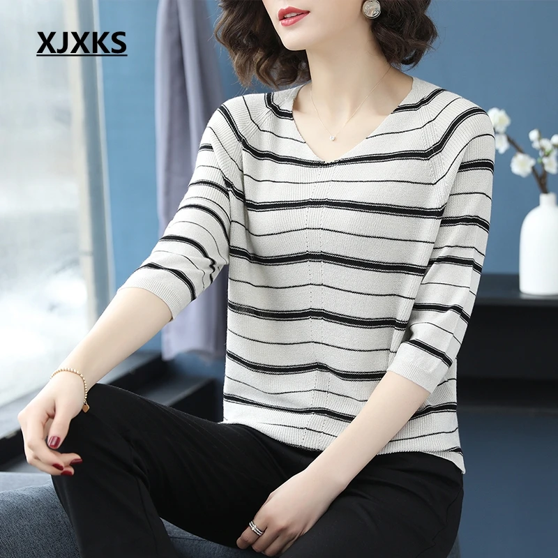 XJXKS Women Striped Sweater Autumn Fashion Women Pullover High Quality Knitted Sweater Three Quarter Sleeve Elegant Pullover
XJXKS Women Striped Sweater Autumn Fashion Women Pullover High Quality Knitted Sweater Three Quarter Sleeve Elegant Pullover
