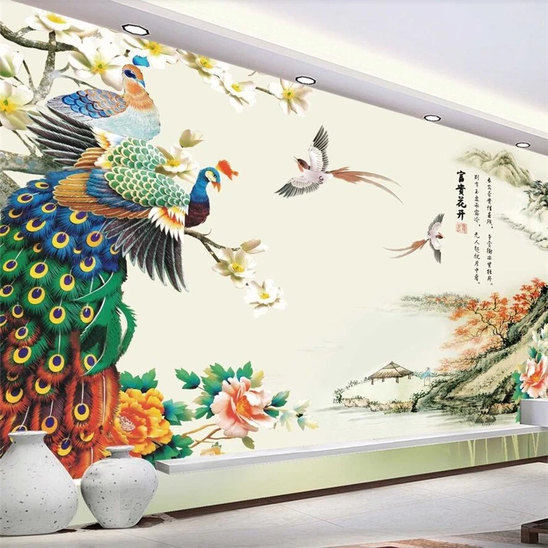 Beibehang One hundred birds Chaofeng Peacock Ink landscape TV backdrop Custom Large mural Environmental wallpaper mural
Beibehang One hundred birds Chaofeng Peacock Ink landscape TV backdrop Custom Large mural Environmental wallpaper mural