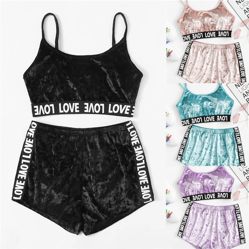 Two Piece Set Women's Strap Sleeveless Crop Tops Elastic Letter Print Shorts Ladies Fashion Casual Sleepwear Velvet Pajamas Set
Two Piece Set Women's Strap Sleeveless Crop Tops Elastic Letter Print Shorts Ladies Fashion Casual Sleepwear Velvet Pajamas Set