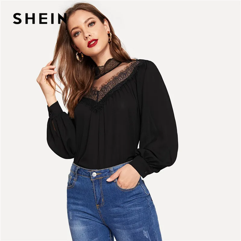 SHEIN Black Lace Trim Mesh Yoke Lantern Sleeve Women Blouse Spring Elegant Stand Collar Solid Long Sleeve Ladies Blouses
SHEIN Black Lace Trim Mesh Yoke Lantern Sleeve Women Blouse Spring Elegant Stand Collar Solid Long Sleeve Ladies Blouses