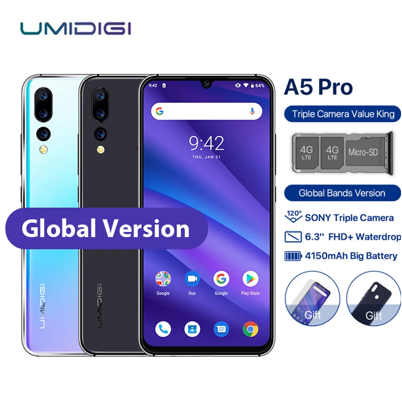 UMIDIGI A5 PRO Mobile Phone Android 9.0 6.3" FHD+ Waterdrop 4GB 32GB Octa Core 16MP 3 Rear Camera 4150mAh Dual 4G Sim Smartphone
UMIDIGI A5 PRO Mobile Phone Android 9.0 6.3" FHD+ Waterdrop 4GB 32GB Octa Core 16MP 3 Rear Camera 4150mAh Dual 4G Sim Smartphone