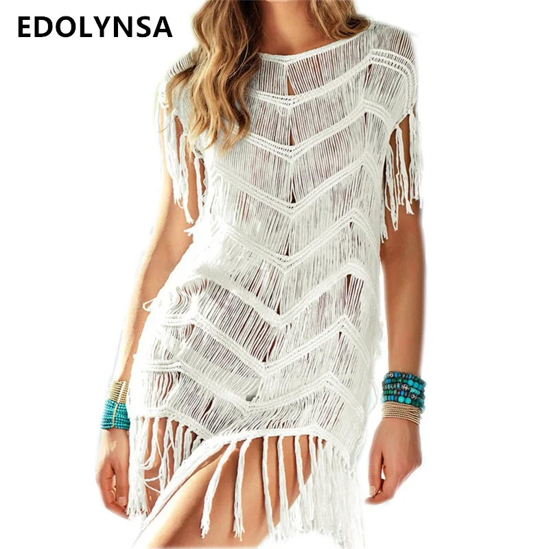 

Beach Cover up 2019 Crochet Pareos Tassel Women Swimwear Saida de Praia Beachwear Coverups Canga Robe de Plage Beach Dress #Q255