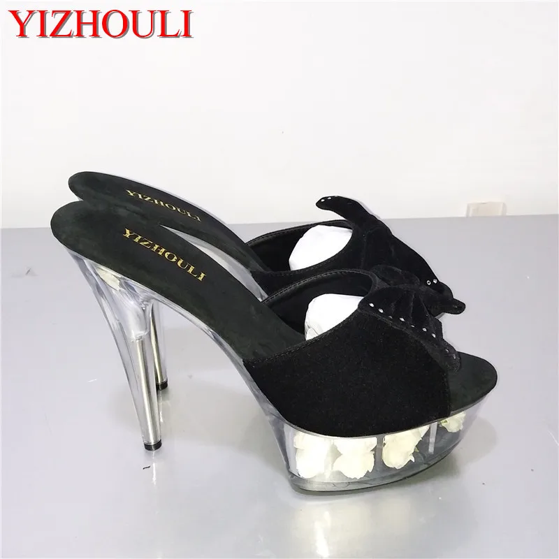 

Shining Slippers 15CM Super High Heel Shoes 6 Inch Heel Platform Sandal With Rhinestone Suede Rose Floral Shoes