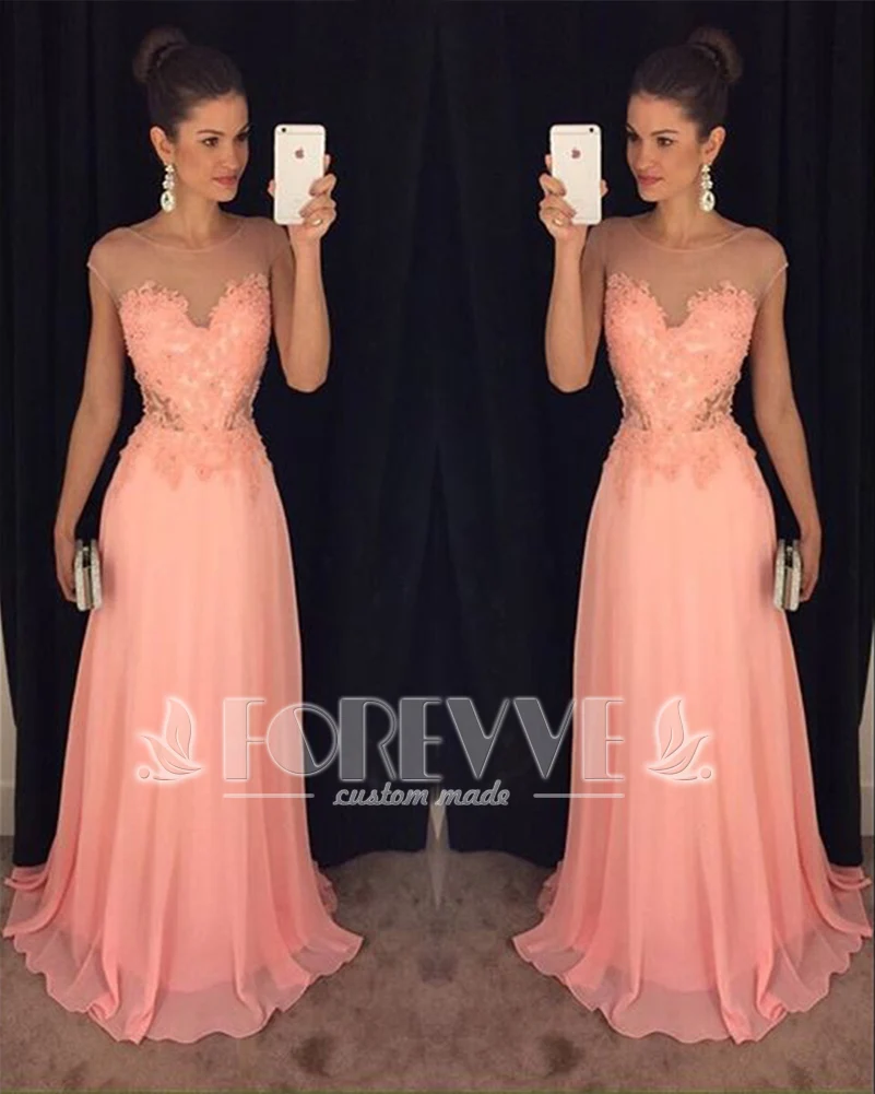 

Elegant Coral Lace Prom Dress 2019 Sheer Appliques A-Line Formal Party Dresses Prom Gowns Vestido De Festa Abendkleider Abiye