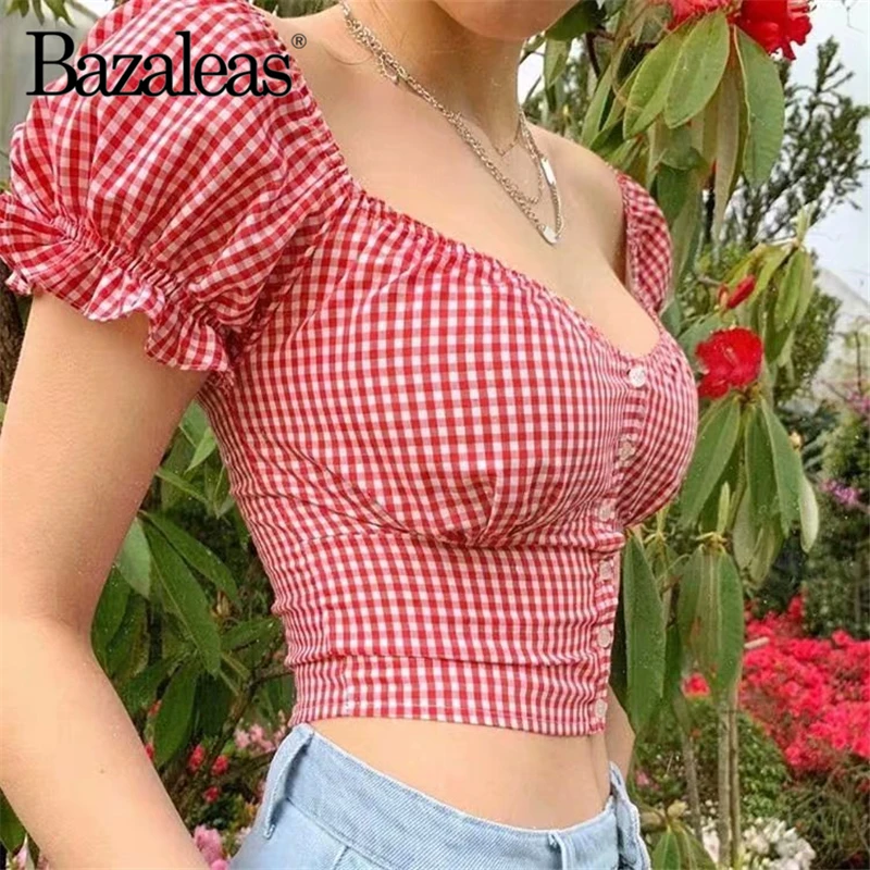 Bazaleas Chic Center Buttons Women T shirt Streetwear Tartan red Women T-shirt Vintage cropped tshirt Casual drop shipping
Bazaleas Chic Center Buttons Women T shirt Streetwear Tartan red Women T-shirt Vintage cropped tshirt Casual drop shipping