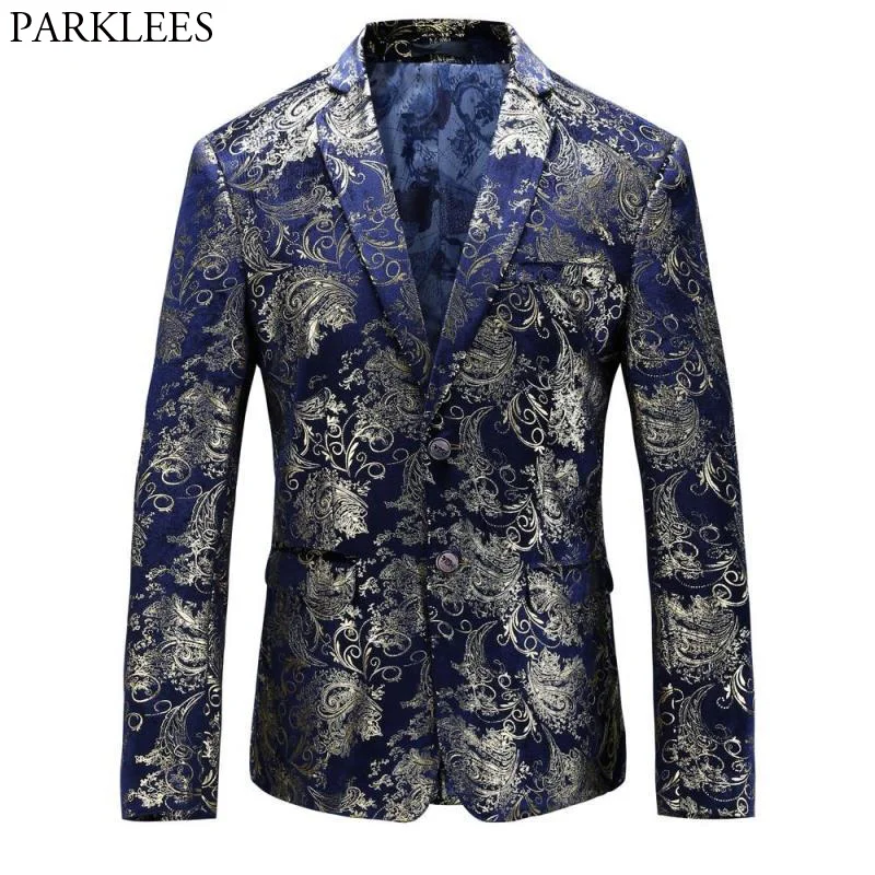 Mens Sing Breasted Two Button Blazer Jacket 2018 Fashion Gold Floral Printed Suit Blazer Men Party Dance Perform Stage Costumes 
Mens Sing Breasted Two Button Blazer Jacket 2018 Fashion Gold Floral Printed Suit Blazer Men Party Dance Perform Stage Costumes
