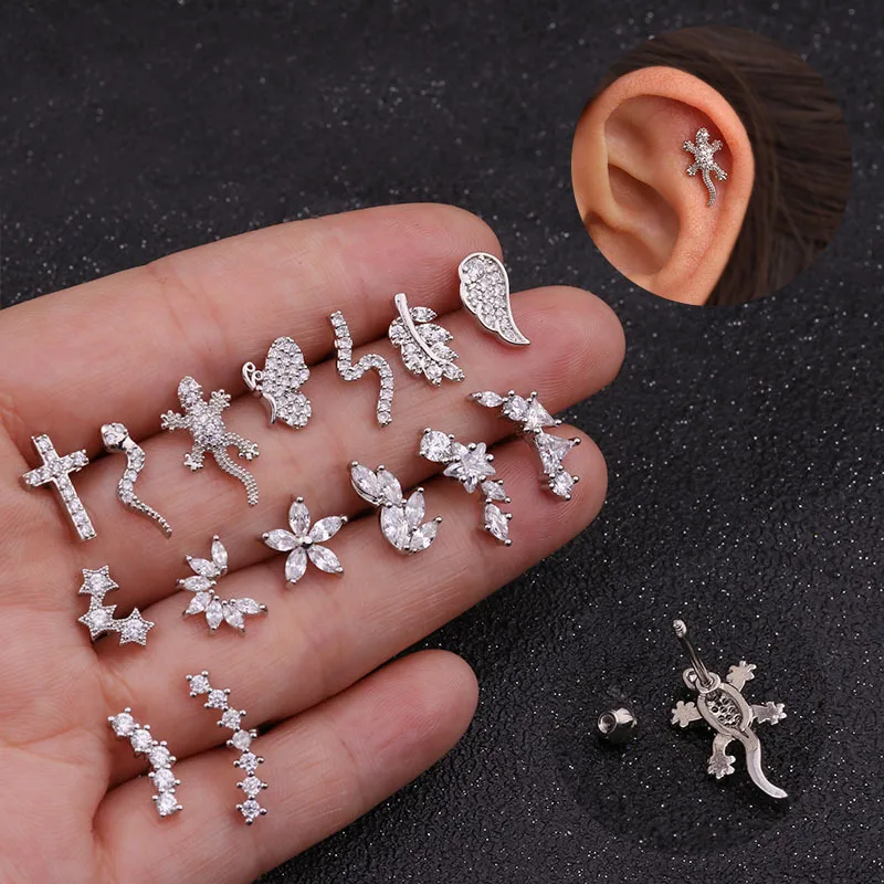 1Pc Cross Heart Flower Crown Cz Ear Studs Helix Piercing Cartilage Earring Conch Rook Tragus Stud Jewelry | Украшения и