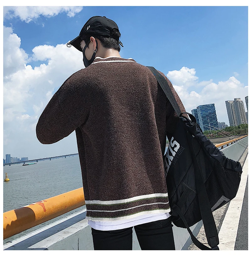 Check Button Cardigan Male Oversize Loose Streetwear (30)