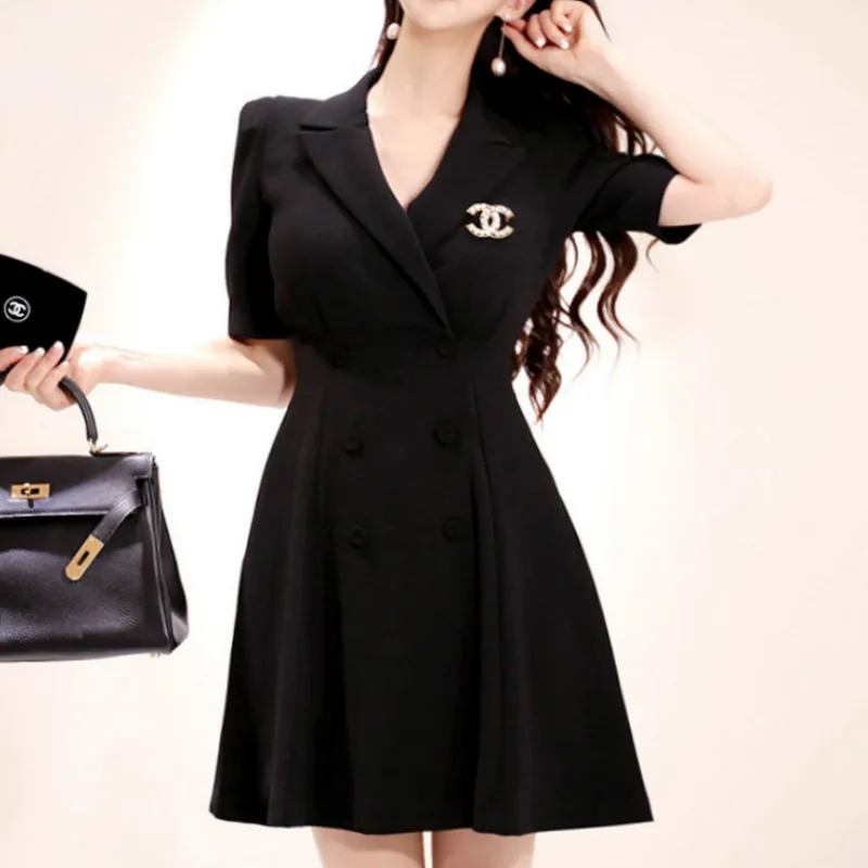 Women Notched Short Sleeve Office Cloth Swing Mini Double Breasted Casual Black Work Dress
Women Notched Short Sleeve Office Cloth Swing Mini Double Breasted Casual Black Work Dress