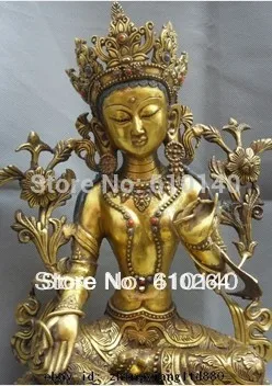 

0000008824 15" Tibet Tibetan Bronze Gilt Lotus Seat Green Tara Goddess BUDDHA Statue