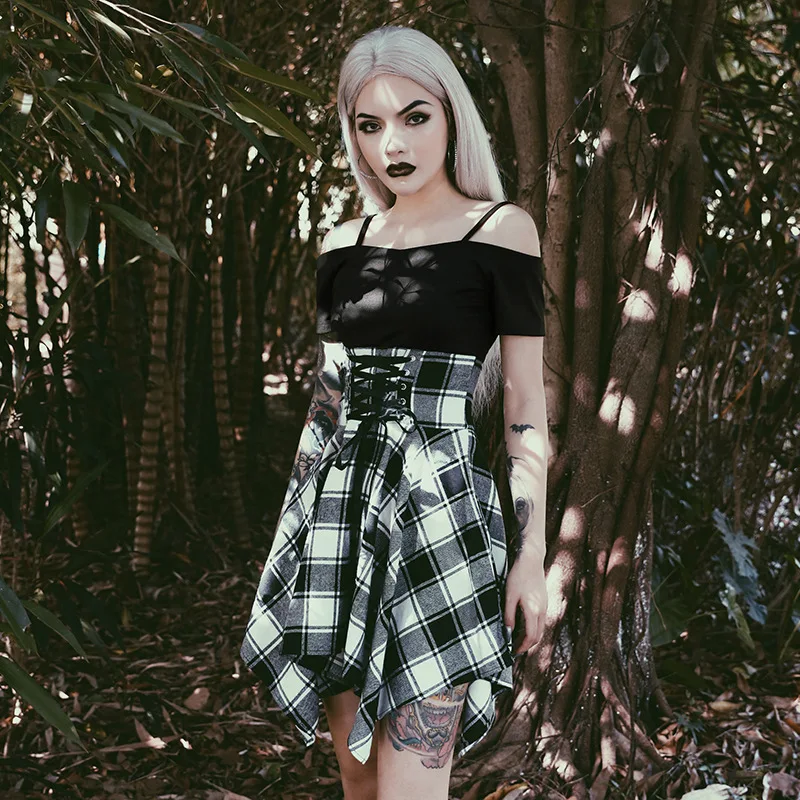 Vintage Dark Black Streetwear Gothic Dress Irregular Plaid Sashes Mini Dress Slash Neck Strap Women Punk Dresses Female Girls
Vintage Dark Black Streetwear Gothic Dress Irregular Plaid Sashes Mini Dress Slash Neck Strap Women Punk Dresses Female Girls