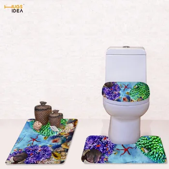 HUGSIDEA Tropical Fish Printed Decorations Non-Slip Toilet Seat Washroom Rug Set WC Toilet Lids Cover Closetool Accessories Sets