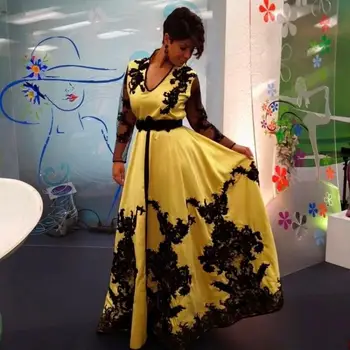 Yellow Satin Black Lace Appliques Prom Gown V Neck Long Sleeve Formal Dress for Wedding Party Custom Made
Yellow Satin Black Lace Appliques Prom Gown V Neck Long Sleeve Formal Dress for Wedding Party Custom Made