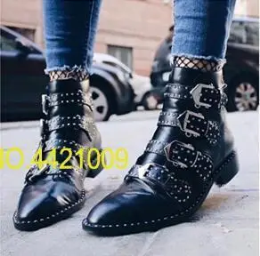 

Autumn Female Martin Boots Women Studded Ankle Boots Black Real Leather Botas Leather Buckled Motorcycle Booties Size 35-42