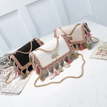 

JHD-Women Fashion Fringe Crossbody Bag Mini Chain Shoulder Bag Canvas National Fashion Summer Bag