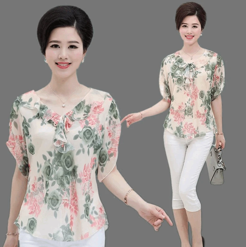 2019 summer new middle age mother fashion tops plus size tshirt printed flower women ruffles short sleeve chiffon shirt
2019 summer new middle age mother fashion tops plus size tshirt printed flower women ruffles short sleeve chiffon shirt