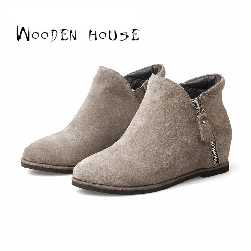 2016 Winter Classic Retro Pointed Toe Nubuck Genuine Leather Height Increasing 4cm Woman Shoes Ankle Chelsea Boots Big Size33-43