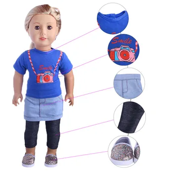 Camera T-shirt + denim skirt + leggings + fashion casual shoes for 18 inch American doll , Children the best Christmas gift
Camera T-shirt + denim skirt + leggings + fashion casual shoes for 18 inch American doll , Children the best Christmas gift