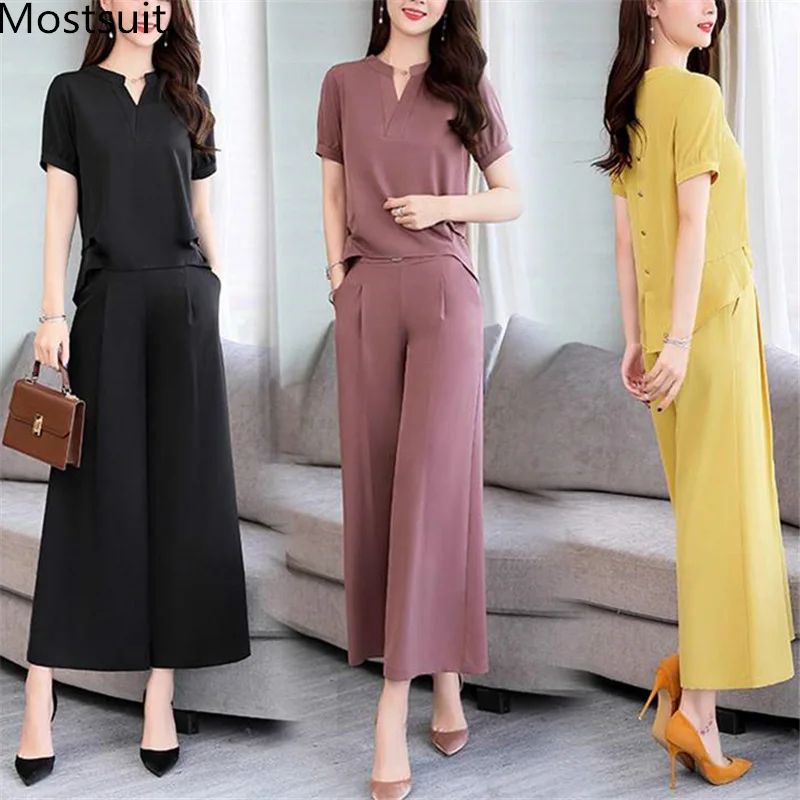 Women 2 Pieces Tee Top Formal Work Short Length Plus Size Palazzo Pants Suit Sets