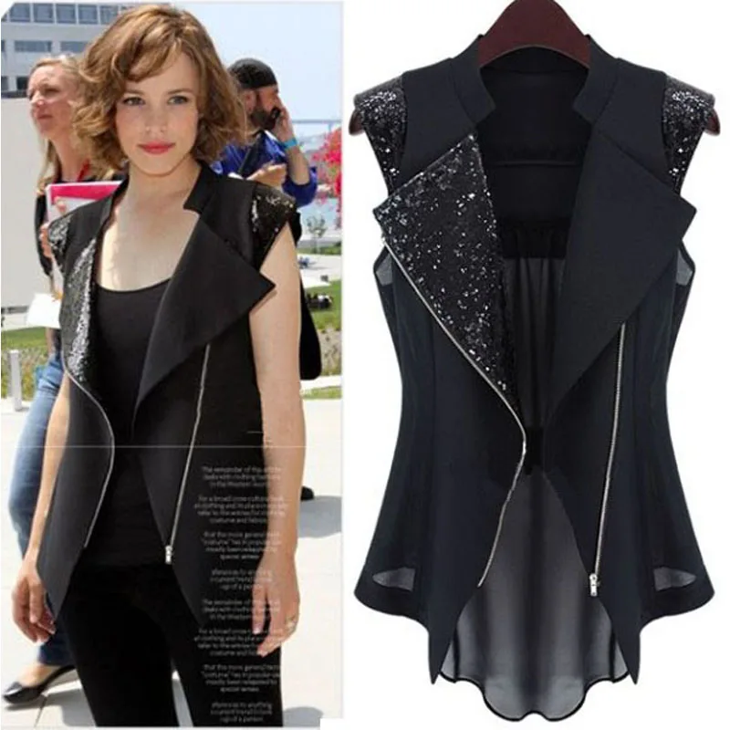 2018 Autumn New European And American Fashion Sequins Decorated Wild Slim Turndown Collar Zipper Vest Punk Wind Black Waistcoat
2018 Autumn New European And American Fashion Sequins Decorated Wild Slim Turndown Collar Zipper Vest Punk Wind Black Waistcoat