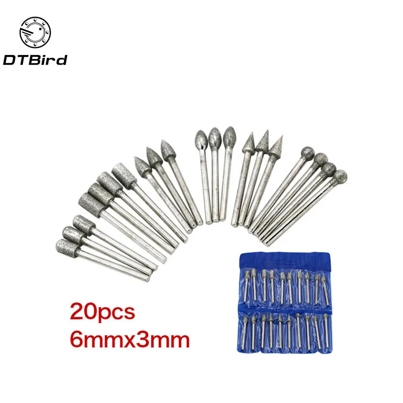 20 шт. Dremel аксессуары алмазные шлифовальные головки Мини дрель Заусенцы Набор бит