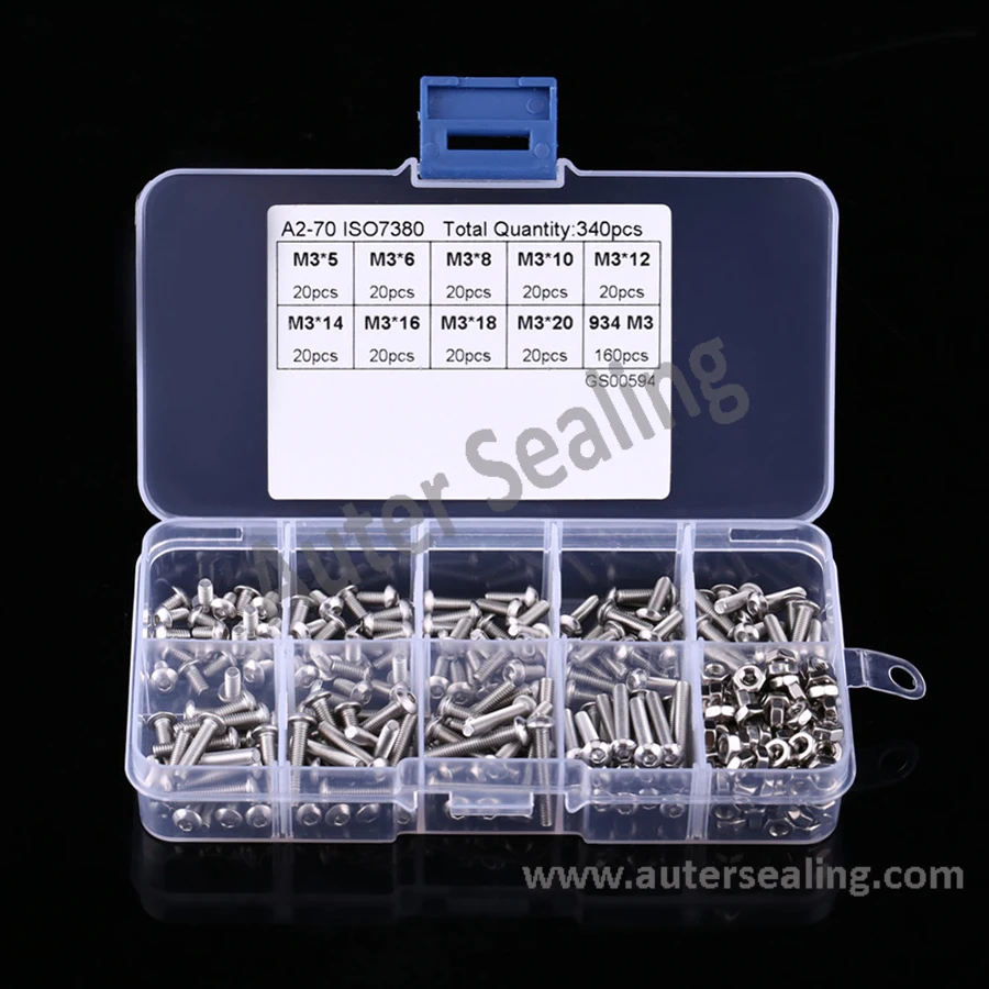M3 Screws Nuts 10 Sizes 340pcs/set Button Head Hex Socket Screw Bolt Nut Stainless Steel SS304 Assortment Kit Fastener Hardware
M3 Screws Nuts 10 Sizes 340pcs/set Button Head Hex Socket Screw Bolt Nut Stainless Steel SS304 Assortment Kit Fastener Hardware