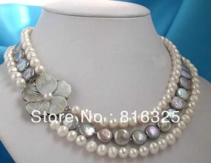 FREE SHIPPING Fast SHIPPING>>Real pearl & coin pearl necklace&shell flower clasp HOT HOT sell