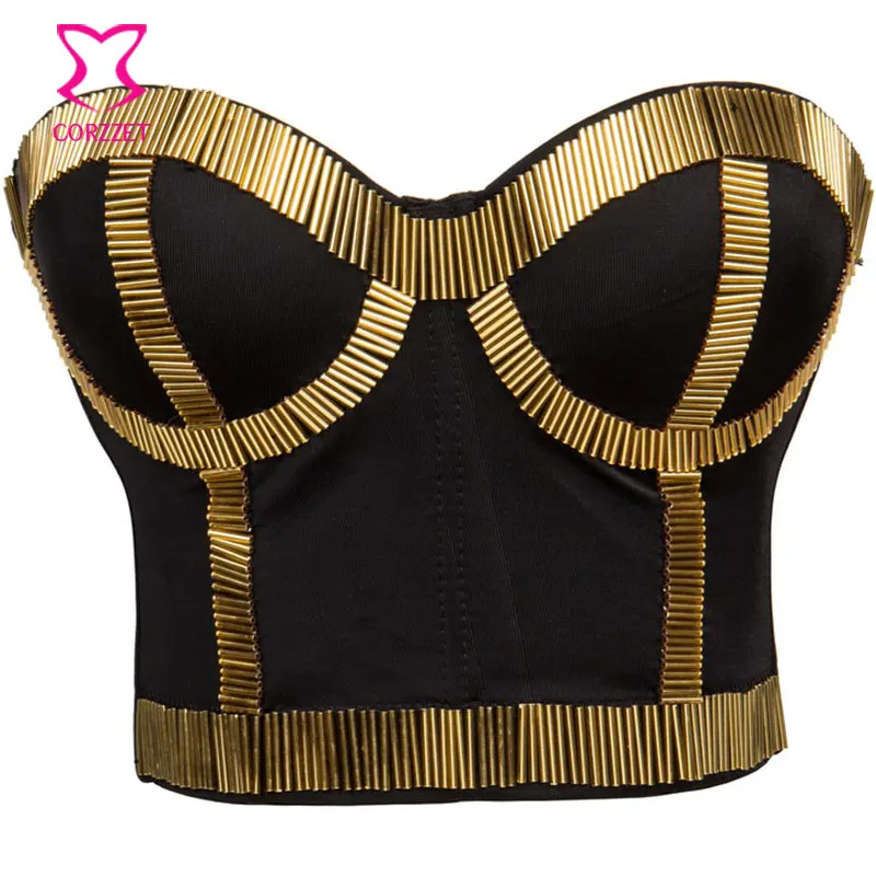 

Punk Gold Tube Beads Soutien Gorge Push Up Bra Big Size Brasieres Women Bustier Top Crop Sexy Bralette Clubwear Underwear Bras