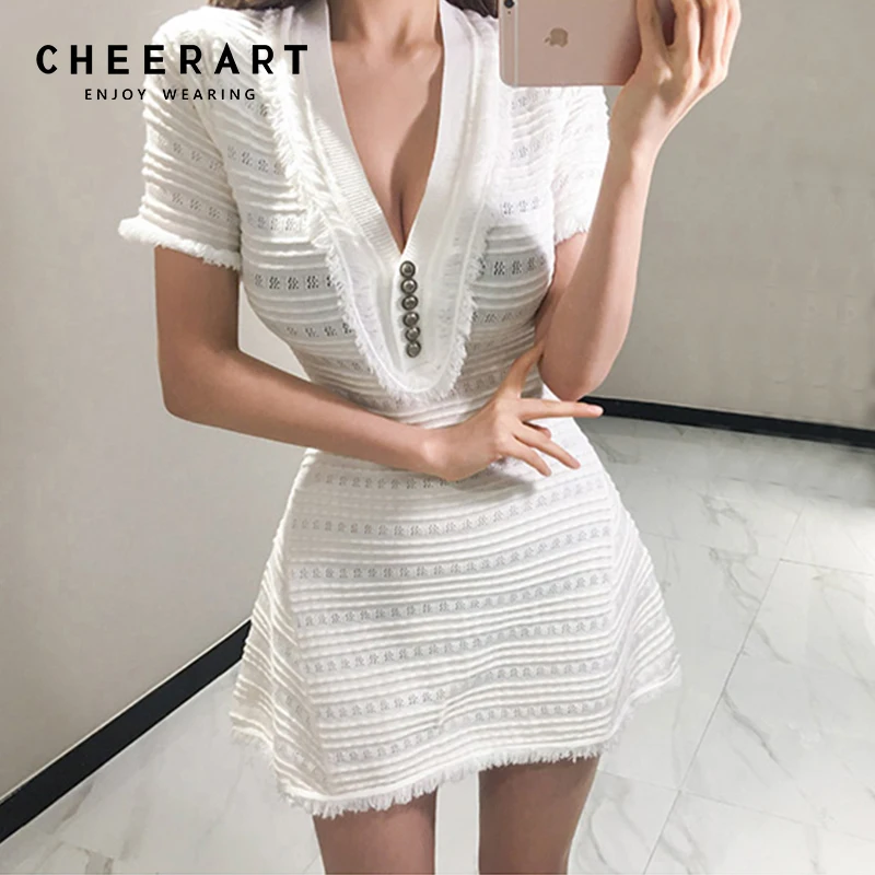 Cheerart Deep V Neck Sexy Dress Women Bodycon Summer Knitted Sweater White Ladies Mini Tight Dress 2018
Cheerart Deep V Neck Sexy Dress Women Bodycon Summer Knitted Sweater White Ladies Mini Tight Dress 2018