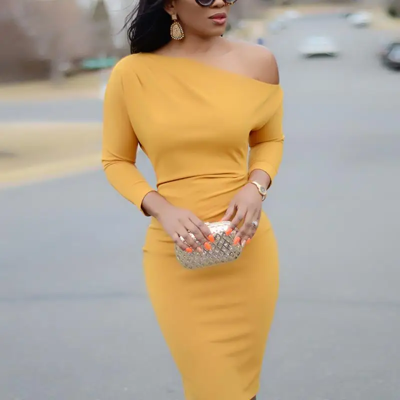 Women Elegant Casual Fashion Office Slim Fit Party Dress Three Quarters Workwear Solid Skew Neck Bodycon Midi Dress
Women Elegant Casual Fashion Office Slim Fit Party Dress Three Quarters Workwear Solid Skew Neck Bodycon Midi Dress