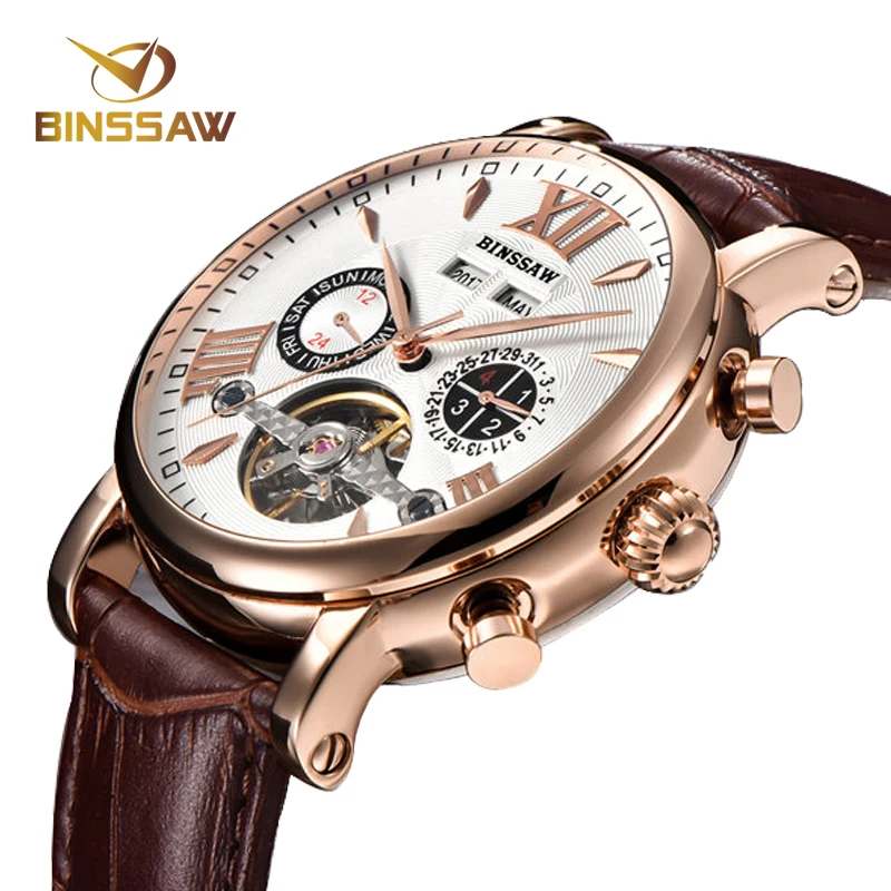 

BINSSAW Men Luxury Brand Men Automatic Mechanical Watch Tourbillon Business Leather Man Calendar Watches relogio masculino