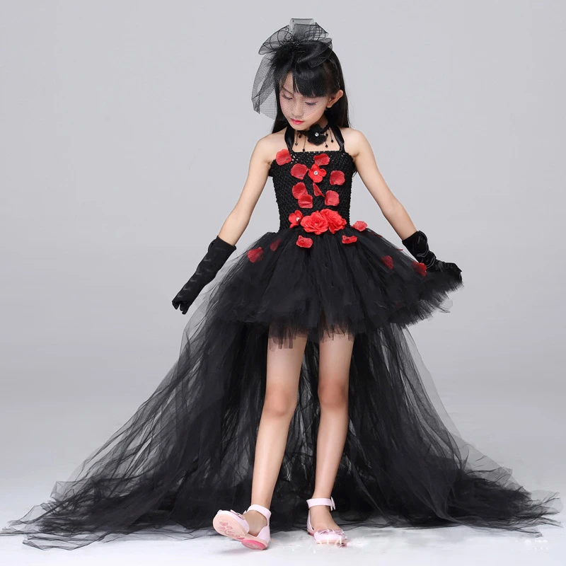 

POSH DREAM Black Flower Petals Rhinestone Girls Dresses for Party Red Flower Kids Girls Tutu Dress with Train Tulle Kids Clothes