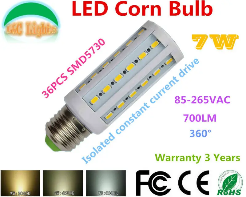 

Free Shipping 7W LED Corn Bulb 36PCS SMD 5730 700LM 110V 220V Warm White Cool white CE RoHS 85-265VAC 360 Degree E27 LED Lamps