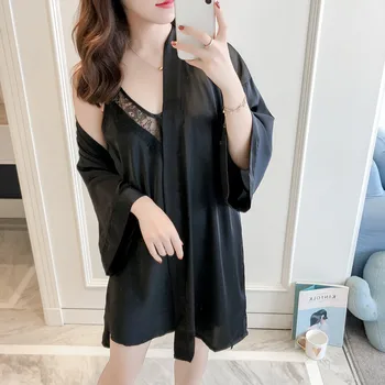 Black Bride Bridesmaid Dressing Gown Sexy Women Wedding Robe Set Spring New 2PCS Sleepwear Home Dress Faux Silk Nightwear Suit
Black Bride Bridesmaid Dressing Gown Sexy Women Wedding Robe Set Spring New 2PCS Sleepwear Home Dress Faux Silk Nightwear Suit