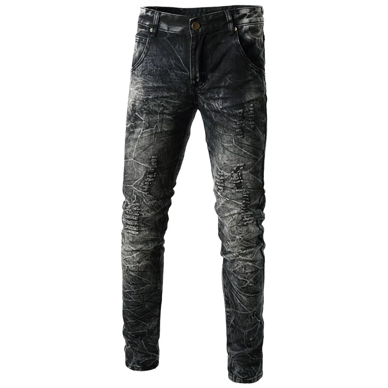Classic Black Denim Men Jeans Retro Designer Slim Fit Mens Fashion High Street Ripped Hip Hop Biker Homme | Мужская одежда