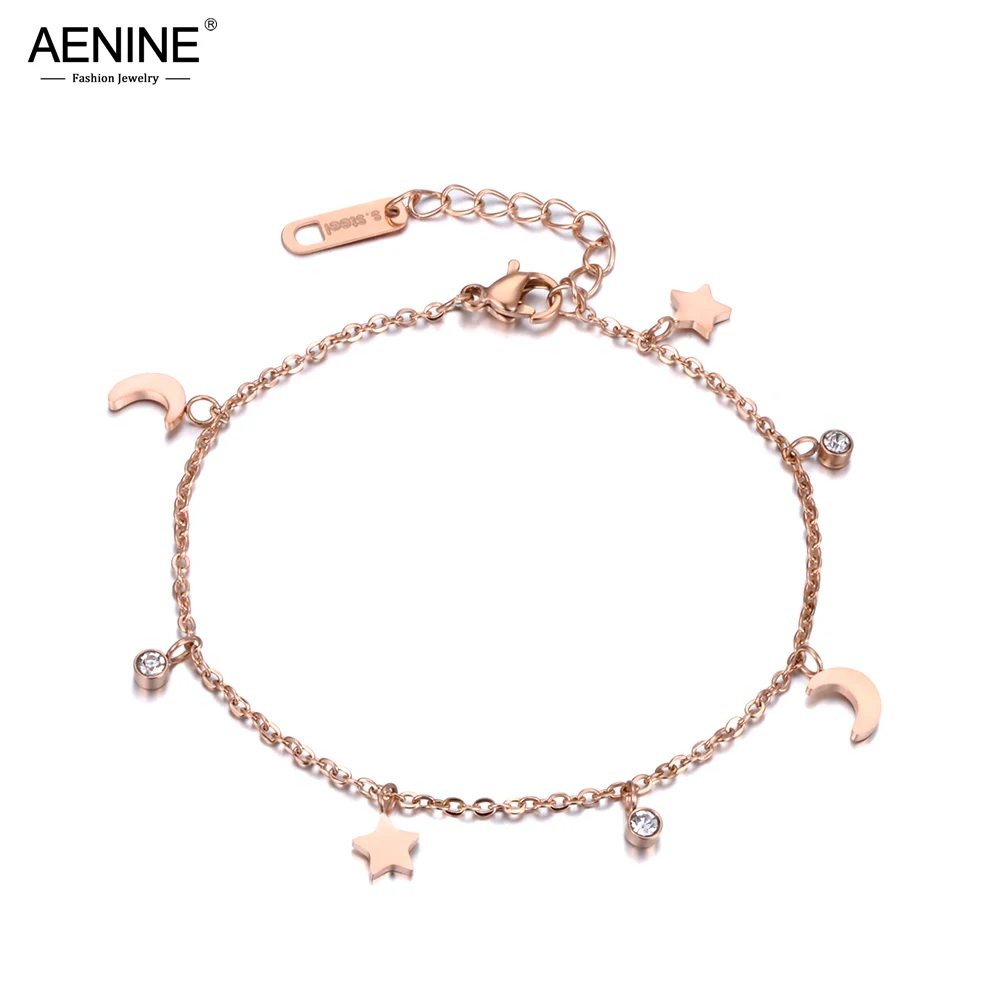 AENINE Trendy Bracelet Moon & Star CZ Crystals Rose Gold Color Stainless Steel Charm Bracelet Link Chain Christmas Gift AB18186
AENINE Trendy Bracelet Moon & Star CZ Crystals Rose Gold Color Stainless Steel Charm Bracelet Link Chain Christmas Gift AB18186