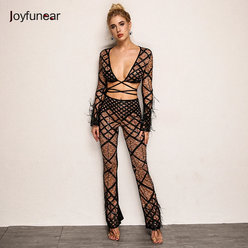 Joyfunear Sequins Feathers Mesh Jumpsuit And Rompers For Women Bandage Sexy Two Piece Deep V Neck Perspective Bodycon Bodysuit
Joyfunear Sequins Feathers Mesh Jumpsuit And Rompers For Women Bandage Sexy Two Piece Deep V Neck Perspective Bodycon Bodysuit
