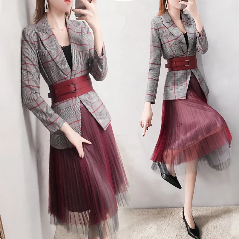 2019 New Spring Office lady OL style Skirt Suits Women's Bandage Blazer jacket + Mesh Pleated Skirt Suit Elegant Two Piece Set
2019 New Spring Office lady OL style Skirt Suits Women's Bandage Blazer jacket + Mesh Pleated Skirt Suit Elegant Two Piece Set