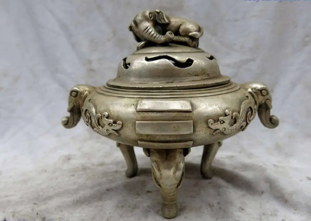 6" China silver carved buddhism dragon six elephant censer incense burner Statue
6" China silver carved buddhism dragon six elephant censer incense burner Statue