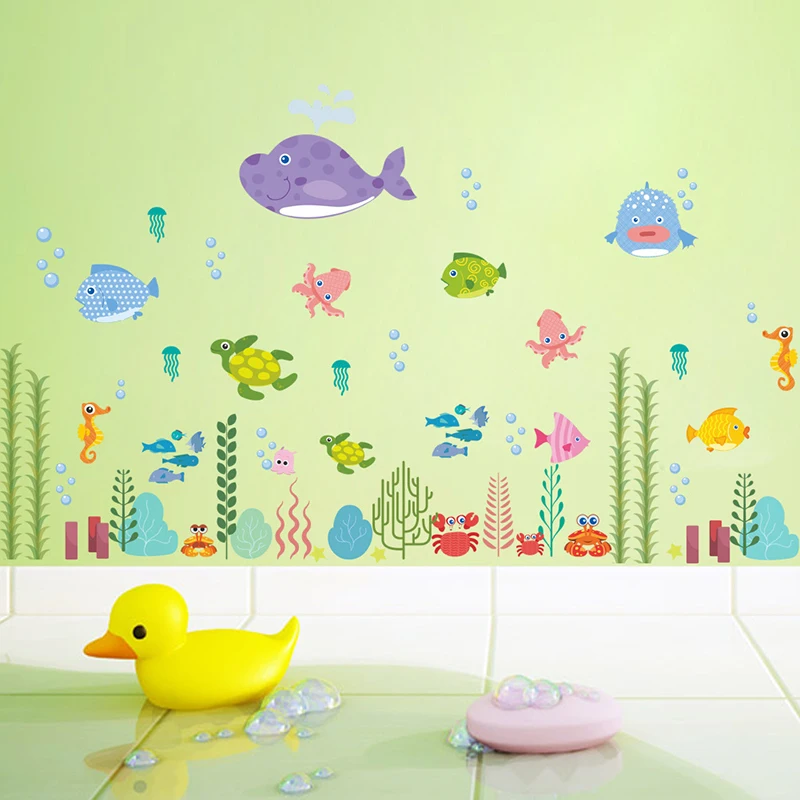 Фото Мультяшные Подводные рыбки гиппокампи пузырьки настенные наклейки для детских