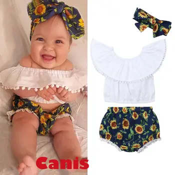 Summer Newborn Baby Girl Off Shoulder Ruffle Tops Sunflower Print Short Pants Heandband 3pcs Outfits Sunsuit
Summer Newborn Baby Girl Off Shoulder Ruffle Tops Sunflower Print Short Pants Heandband 3pcs Outfits Sunsuit