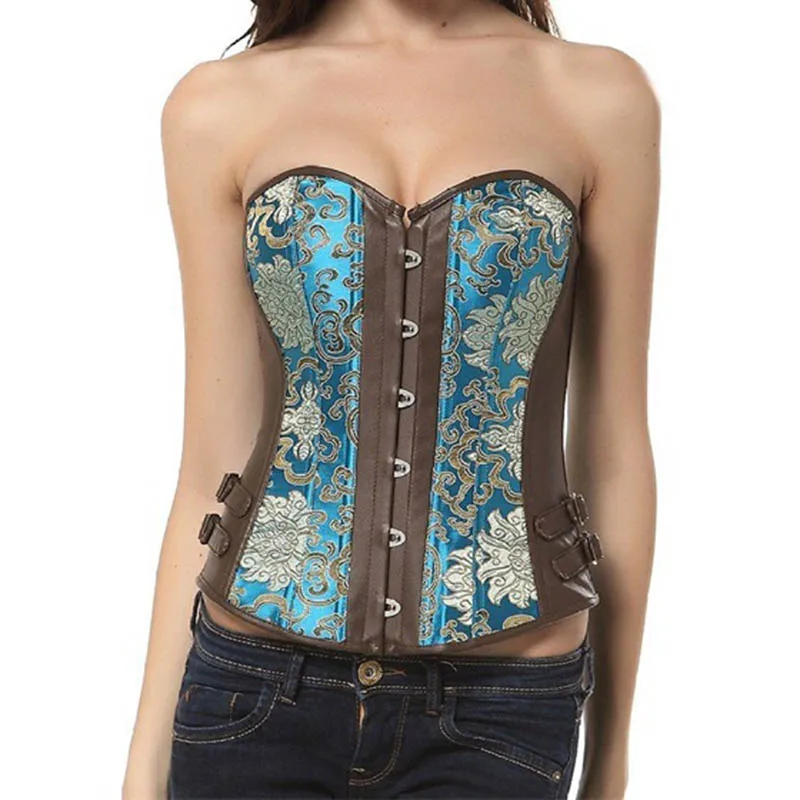 Blue Floral Brocade&Brown Leather Gothic Overbust Corset Steampunk Corsets And Bustiers Sexy Korsett For Women Burlesque Costume
Blue Floral Brocade&Brown Leather Gothic Overbust Corset Steampunk Corsets And Bustiers Sexy Korsett For Women Burlesque Costume